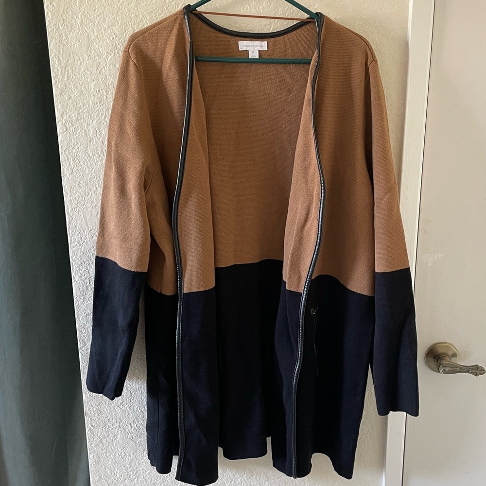 Leather trim longline open cardigan
